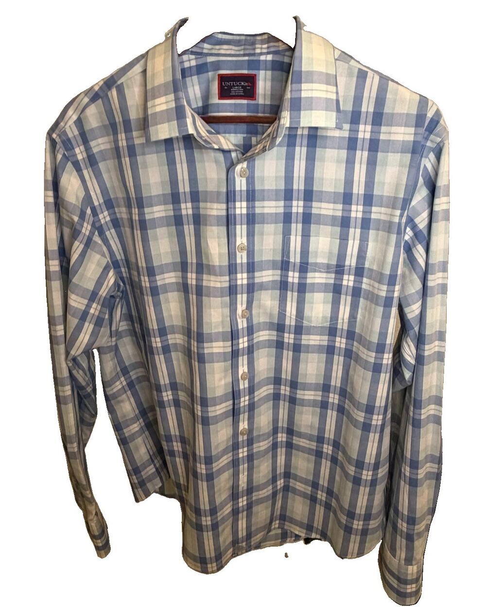 UNTUCKit Men’s Large Wrinkle Free Blue Plaid Button Down Shirt 100% Cotton